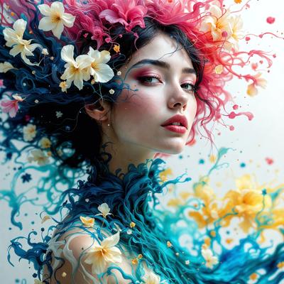 The primary subject of the image is a woman with a vibrant and colorful appearance. She is wearing a blue and pink dress and has a flower in her hair. The setting is a white background, which provides a clean and minimalist look to the image. The visual style is a combination of digital art and illustration, creating a unique and artistic representation of the woman. The colors and mood of the image are lively and energetic, with the woman's outfit and the vivid colors of the